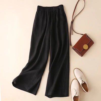 Women’s Wide-Leg Pants – Linen Blend – Relaxed Fit – Elastic Waist – Full Length