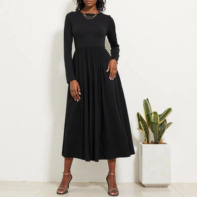 Women’s Midi Dress – Knit Fabric – Fitted Bodice – A-Line Silhouette – Long Sleeve