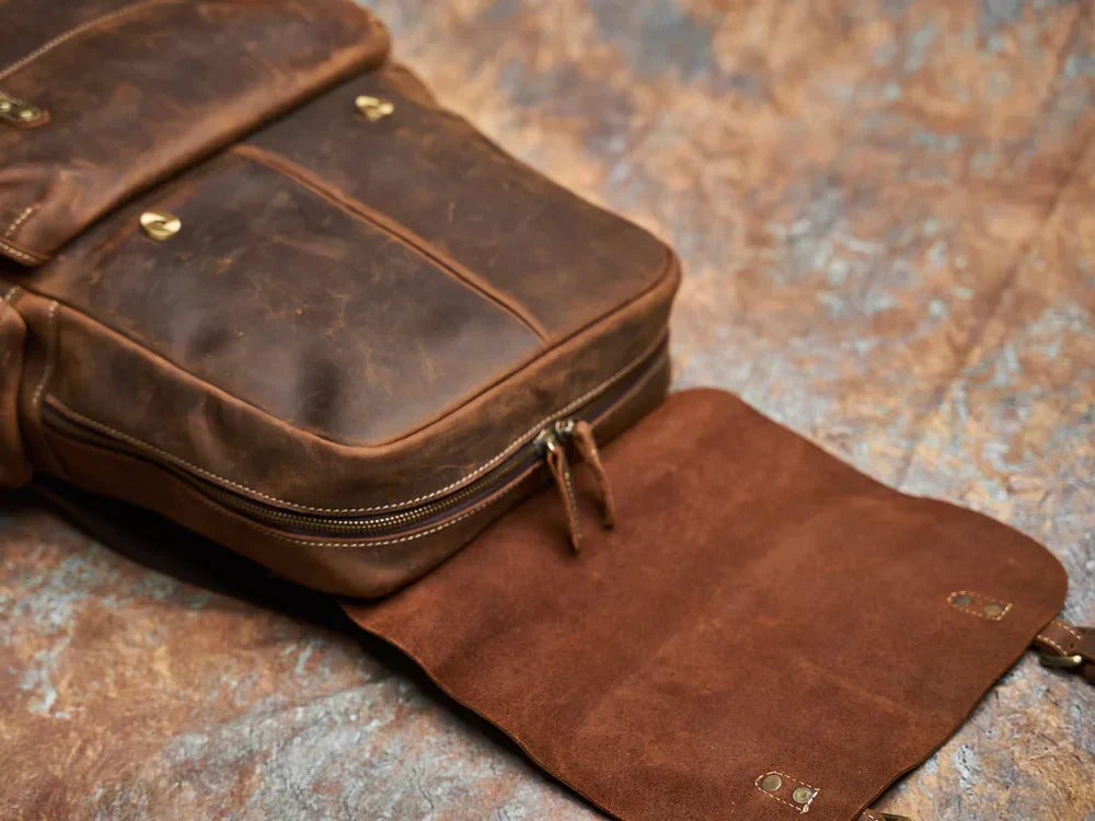Rugged Genuine Leather Travel Backpack - Brown Large Capacity Daypack