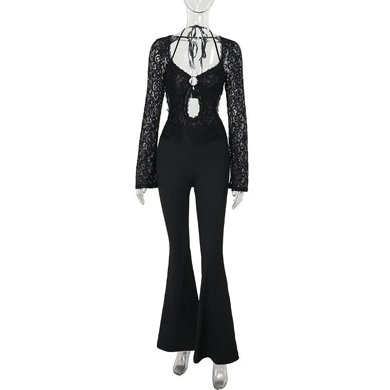 Women’s Jumpsuit – Lace Bodice – Plunging Neckline – Cut-Out Waist – Bootcut Legs – Bell Sleeves