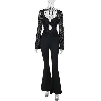 Women’s Jumpsuit – Lace Bodice – Plunging Neckline – Cut-Out Waist – Bootcut Legs – Bell Sleeves