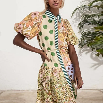 Women’s Midi Dress – A-Line Fit – Cotton Blend – Puff Sleeves – Patchwork Print – Collared Neck