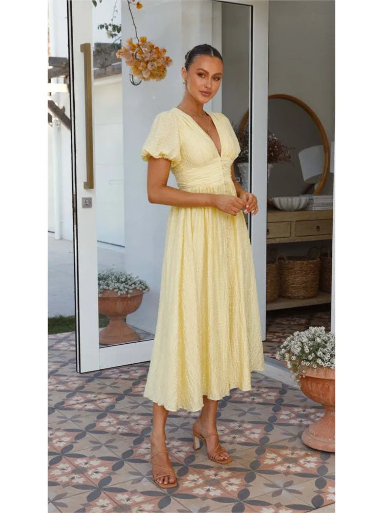 Women’s Midi Dress – Cotton Blend – A-Line Fit – Puff Sleeve – V-Neck – Tailored Waist