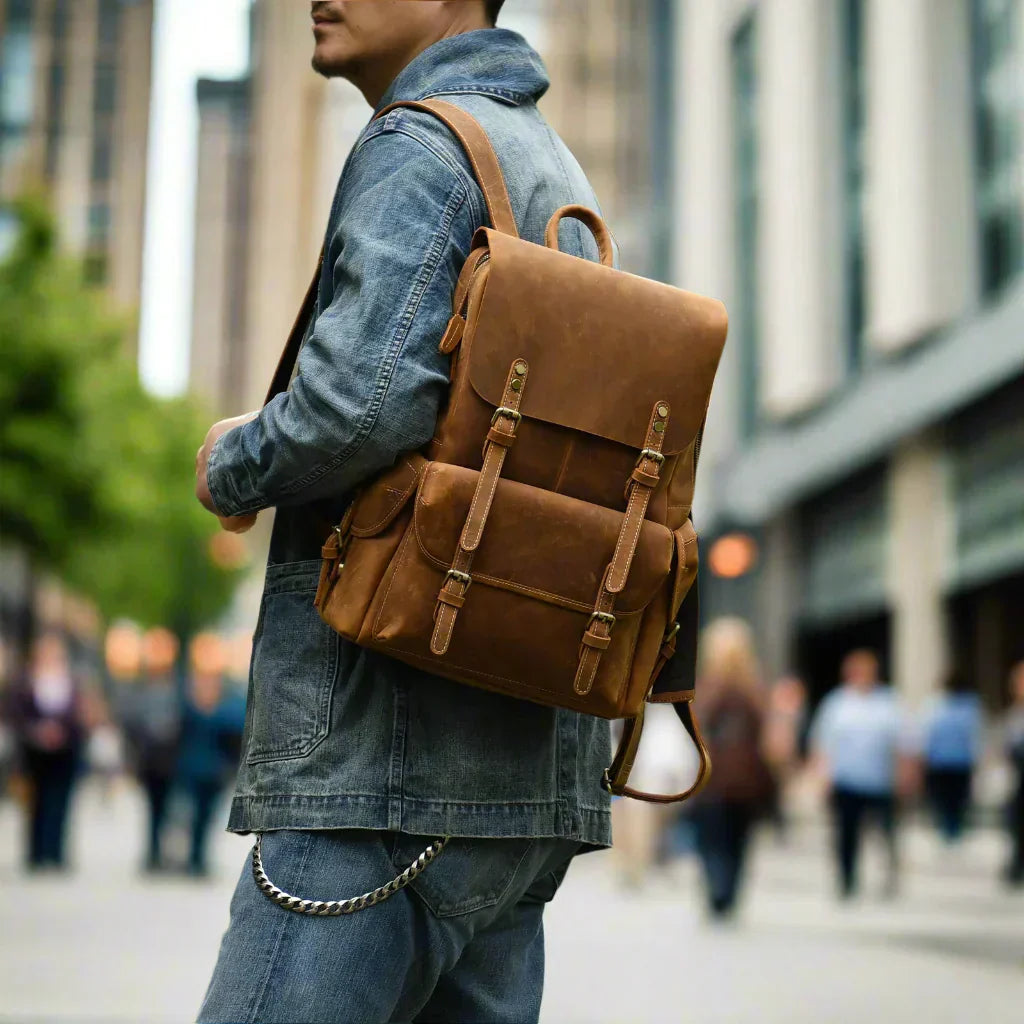 Rugged Genuine Leather Travel Backpack - Brown Large Capacity Daypack