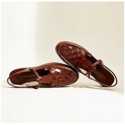 Women’s Leather Sandals – Closed Toe – Woven Upper – T-Strap – Buckle Closure