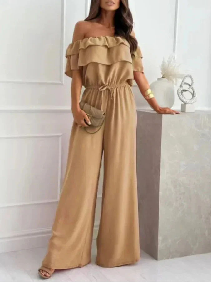 Women’s Jumpsuit – Off Shoulder Ruffle Neckline – Relaxed Fit Wide Leg – Lightweight Blend