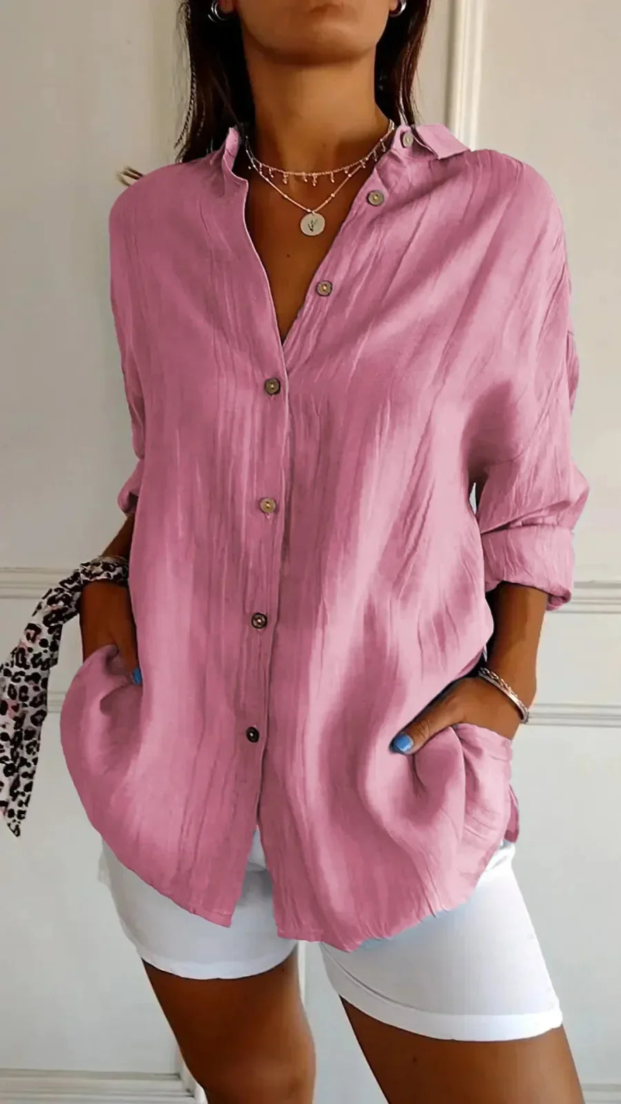 Women’s Button-Up Shirt – Relaxed Fit – Crinkled Texture – Long Sleeve Casual Style