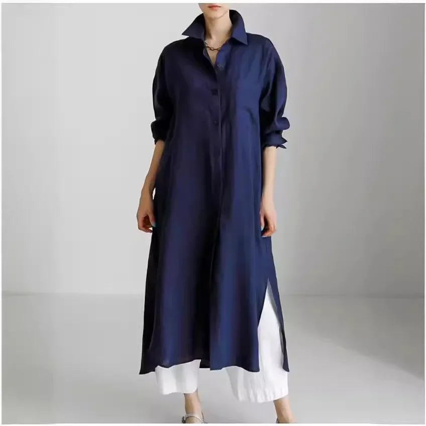 Women’s Shirt Dress – Linen Blend – Relaxed Fit – Midi Length – Button Down – Side Slits