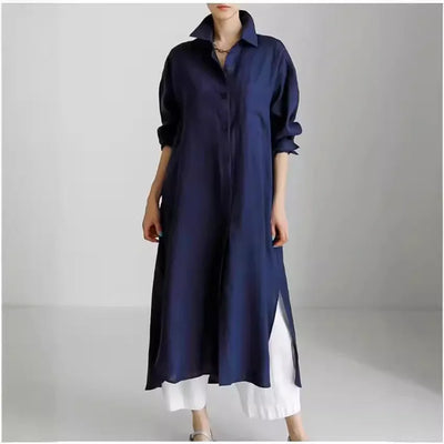Women’s Shirt Dress – Linen Blend – Relaxed Fit – Midi Length – Button Down – Side Slits