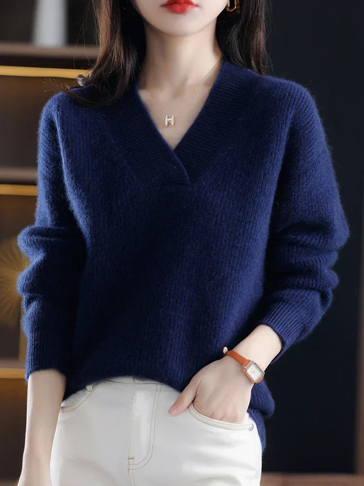Women’s Pullover Sweatshirt – Soft Knit – Relaxed Fit – V-Neck – Ribbed Hem & Cuffs
