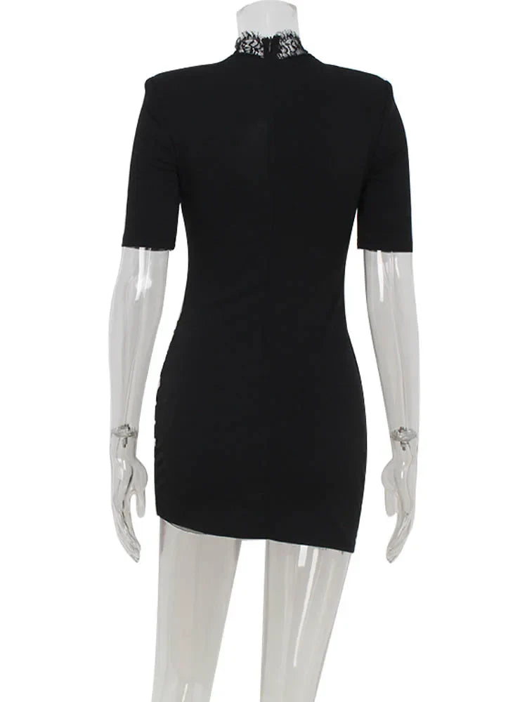 Women’s Mini Dress – Bodycon Fit – High Neck – Lace Trim – Short Sleeve Cut-Out