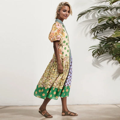 Women’s Midi Dress – A-Line Fit – Cotton Blend – Puff Sleeves – Patchwork Print – Collared Neck
