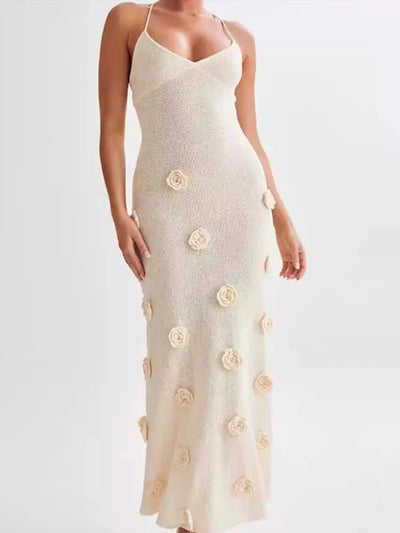 Mireille - Deep-V Neck Flower Knitted Bodycon Dress