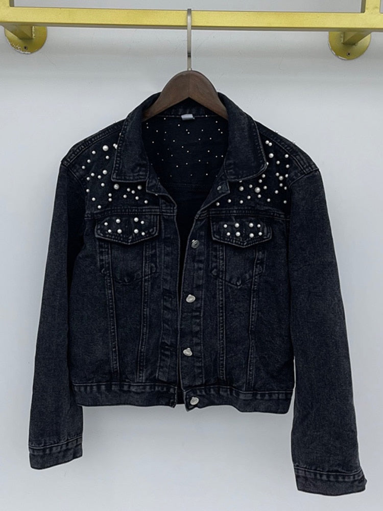 Avencea | Elegant Denim Jacket with Pearl Embellishments