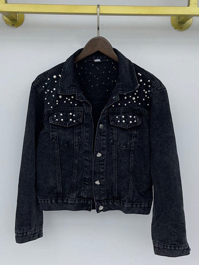 Avencea | Elegant Denim Jacket with Pearl Embellishments