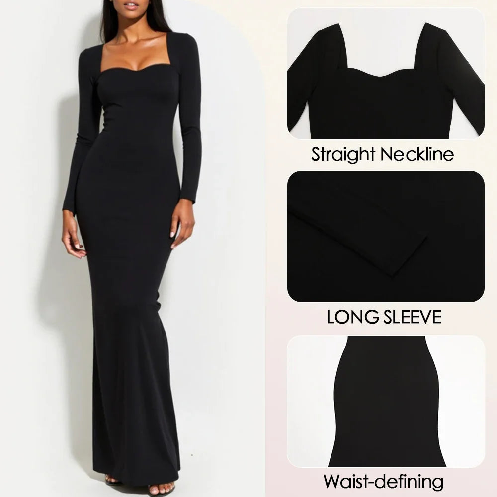 Women’s Evening Gown – Slim Fit – Satin-Like Fabric – Sweetheart Neckline – Long Sleeve
