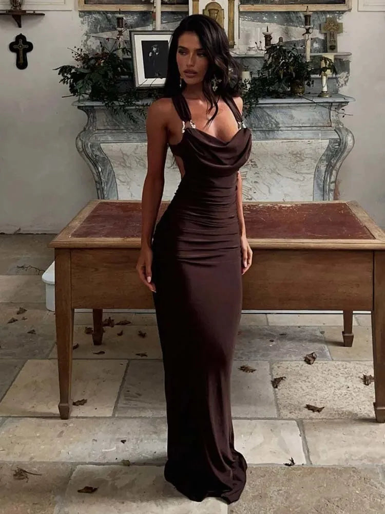 Women’s Evening Gown – Satin Bodycon Fit – Draped Neckline – Metallic Straps – Full Length