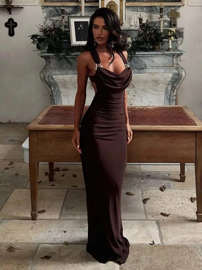 Women’s Evening Gown – Satin Bodycon Fit – Draped Neckline – Metallic Straps – Full Length