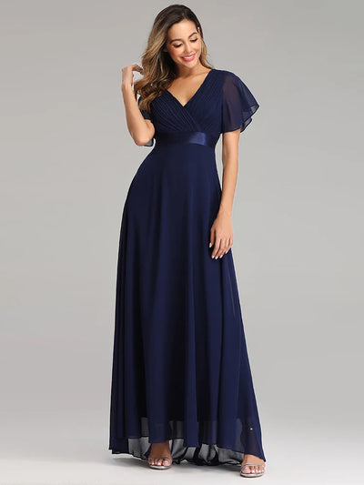Women’s Evening Gown – Chiffon A-Line – V-Neck – Flutter Sleeves – Full Length