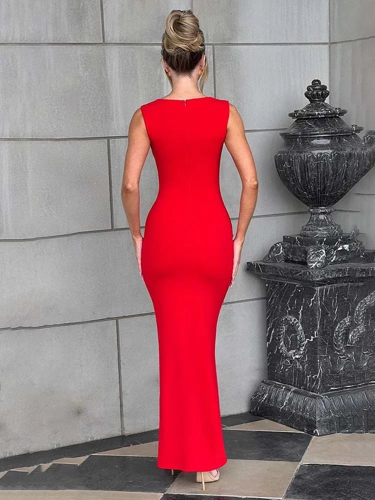 Women's Evening Gown – Stretch Jersey – Bodycon Fit – Sleeveless – Square Neck – Floor-Length
