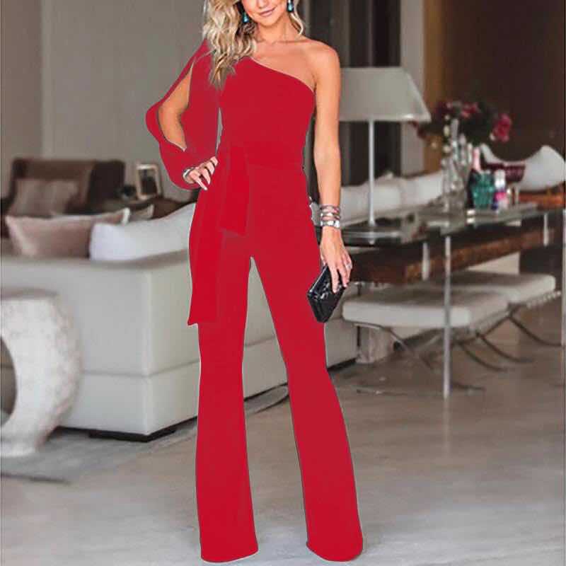 Women’s Jumpsuit – Slim Fit – One Shoulder – Belted Waist – Flared Leg – Full Length