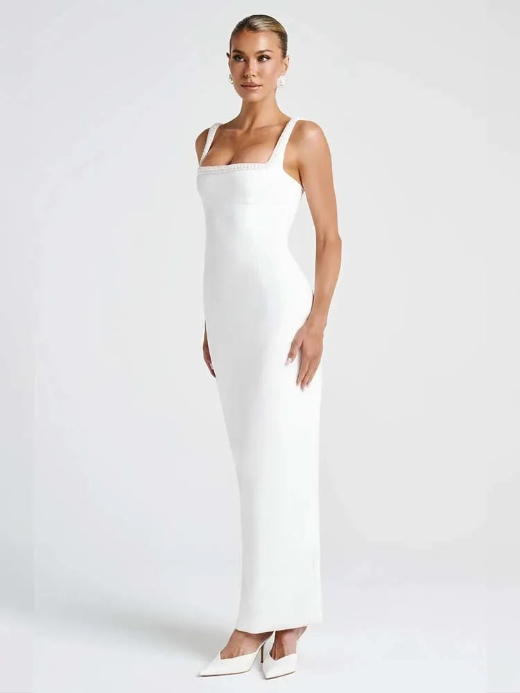 Women’s Evening Gown – Satin Full-Length – Form-Fitting – Square Neck – Thick Straps