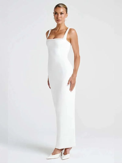 Women’s Evening Gown – Satin Full-Length – Form-Fitting – Square Neck – Thick Straps