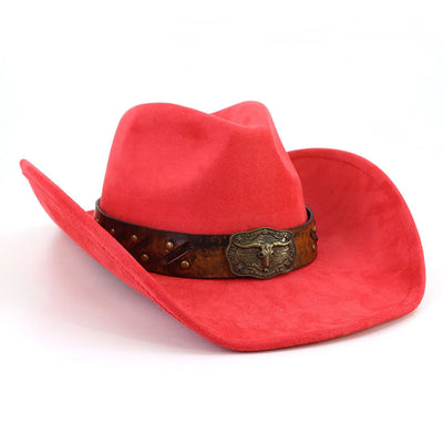 Western Big Brim Cowboy Hat Bull's Head Leather Band Suede Top Hat Outdoor Mens Hats Ladies Party Horse Riding Cowgirl Hat