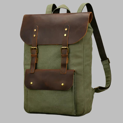 Genuine Leather & Canvas Rucksack - Vintage College Laptop Backpack