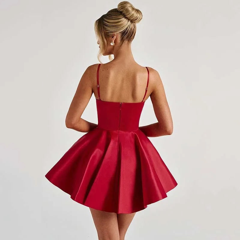 Women’s Mini Dress – Satin Corset Bodice – Spaghetti Straps – Flared A-line Skirt