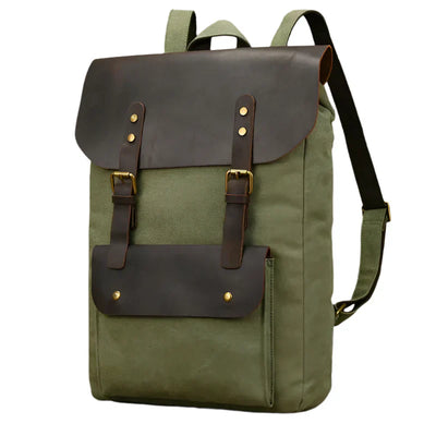 Genuine Leather & Canvas Rucksack - Vintage College Laptop Backpack