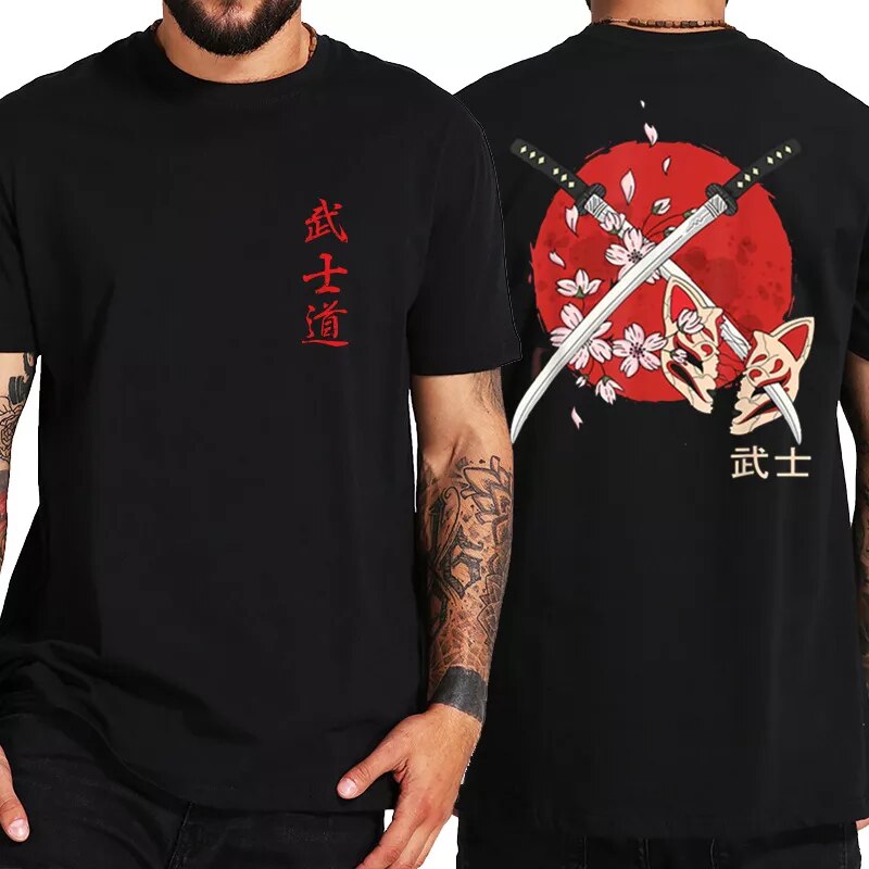 Japan Samurai Spirit T Shirts Japanese Style Back Print EU Size 100% Cotton Tops T-shirt Bushido Male Gifts Tee