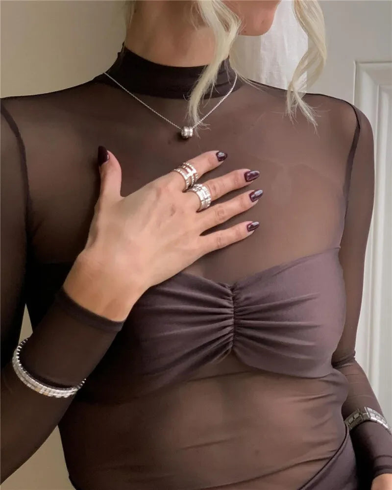 Women’s Bodycon Midi Dress – Sheer Mesh Long Sleeve Top – Ruched Stretch Skirt – High Neck