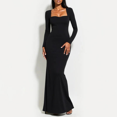 Women’s Evening Gown – Slim Fit – Satin-Like Fabric – Sweetheart Neckline – Long Sleeve