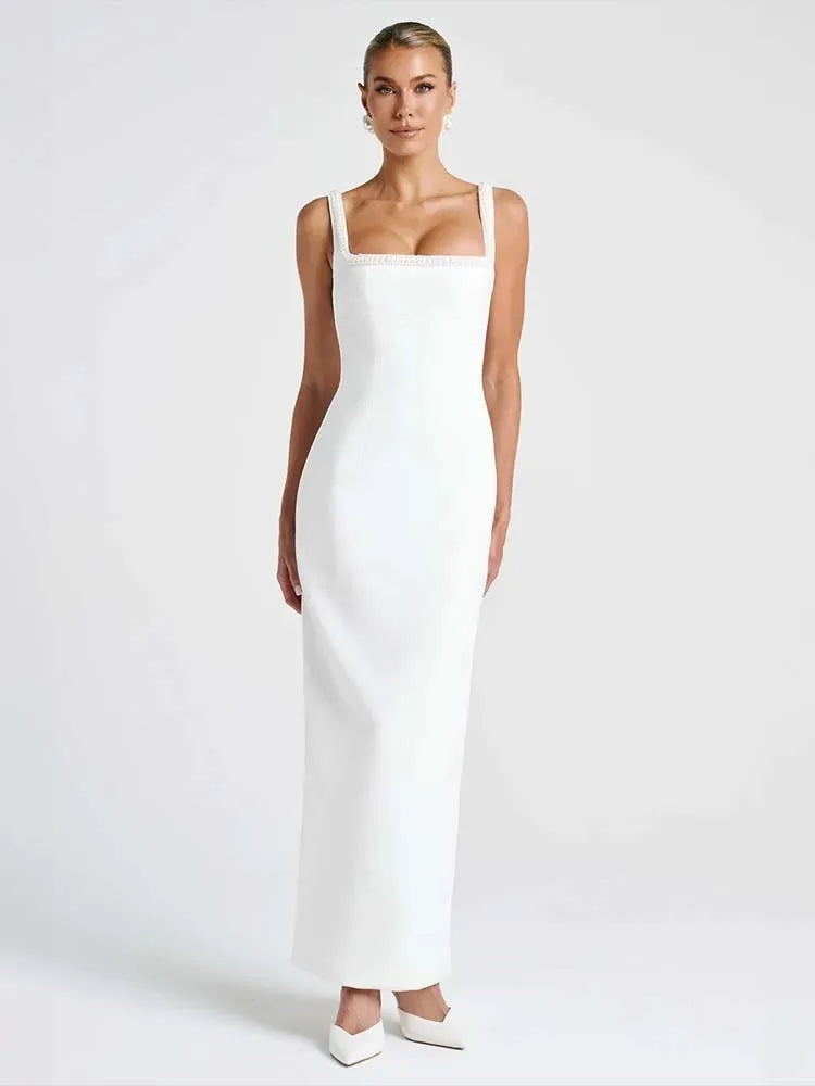 Women’s Evening Gown – Satin Full-Length – Form-Fitting – Square Neck – Thick Straps