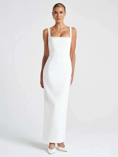 Women’s Evening Gown – Satin Full-Length – Form-Fitting – Square Neck – Thick Straps