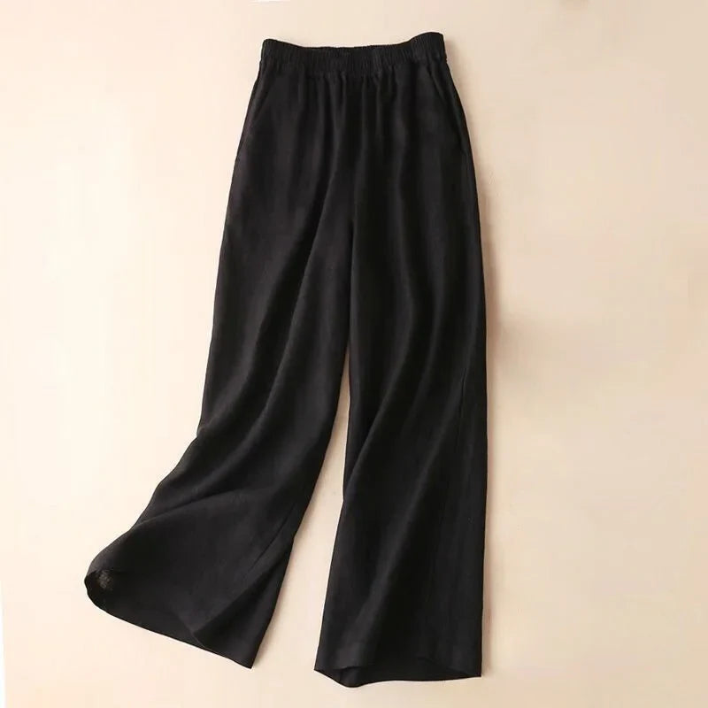 Women’s Wide-Leg Pants – Linen Blend – Relaxed Fit – Elastic Waist – Full Length