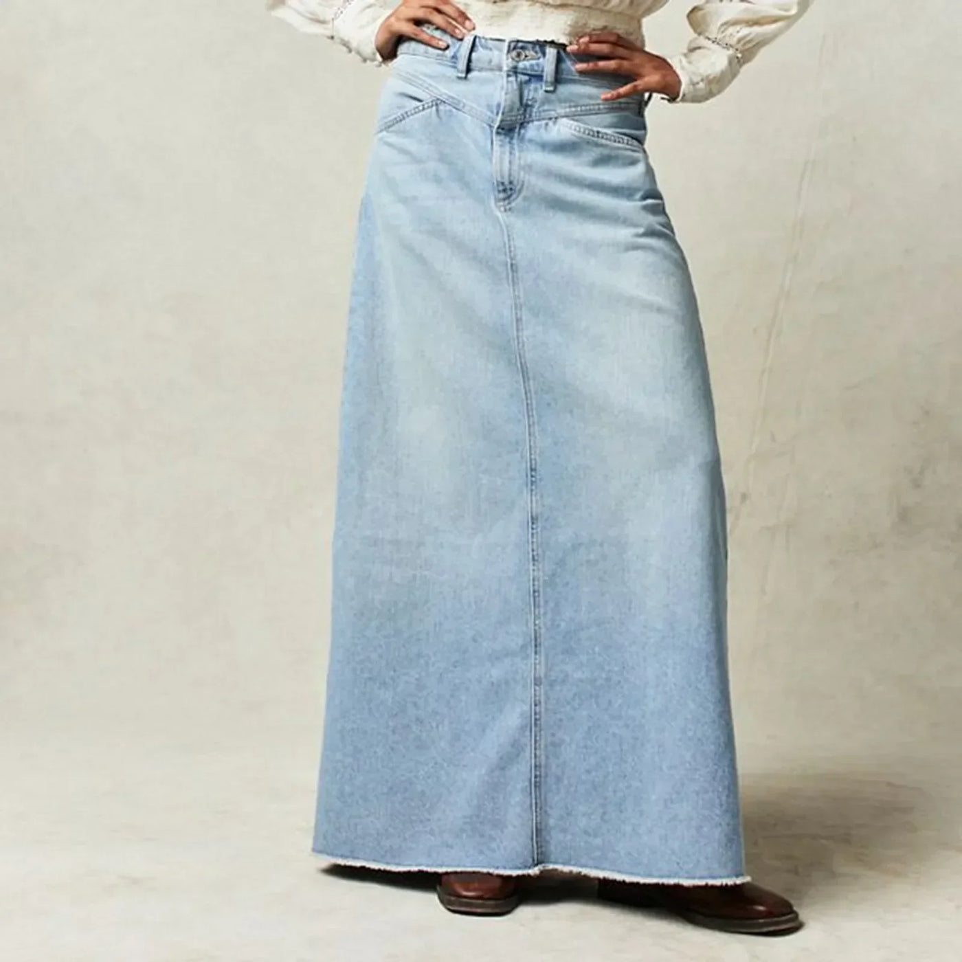 Women’s Denim Skirt – High Waist – Full Length – Straight Fit – Raw Hem – 5 Pockets