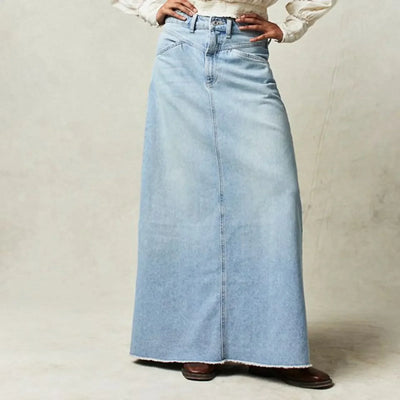 Women’s Denim Skirt – High Waist – Full Length – Straight Fit – Raw Hem – 5 Pockets