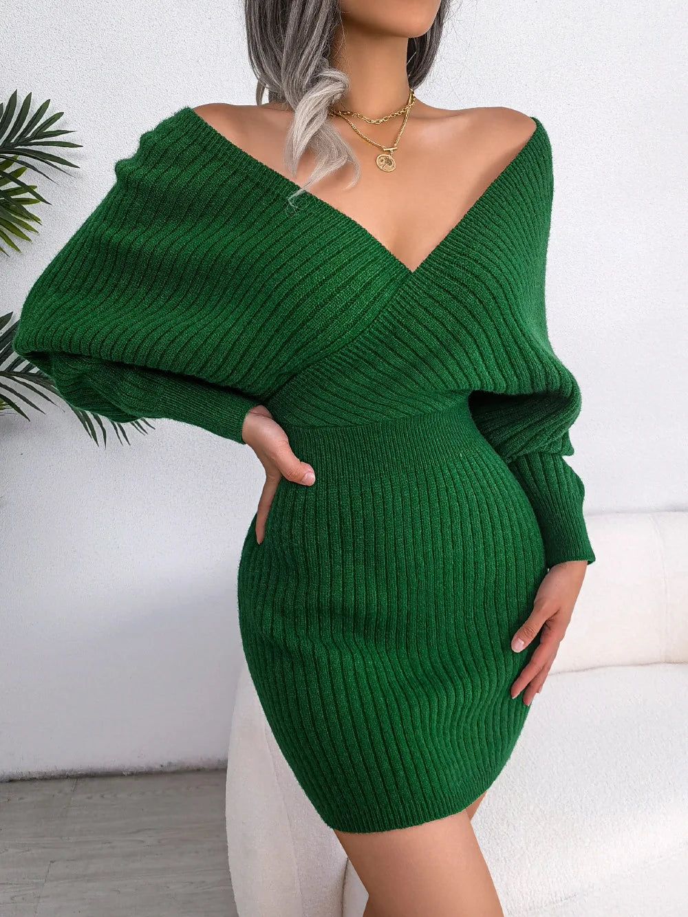 Women’s Mini Dress – Ribbed Knit – Slim Fit – Wrap V-Neck – Long Sleeve Dressy Style