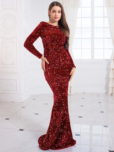 Women’s Evening Gown – Sequin Mermaid Fit – Long Sleeve – Boat Neck – Floor Length