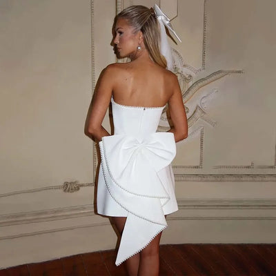 Women’s Mini Dress – Strapless Satin – Slim Fit – Back Bow – Beaded Trim Partywear