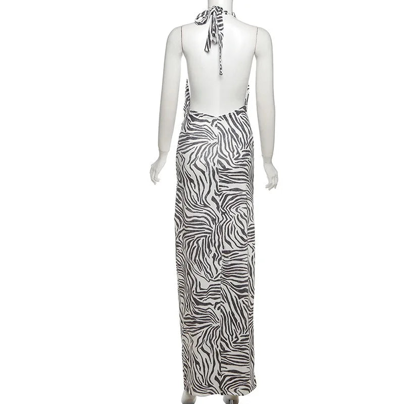 Women’s Maxi Dress – Slim Fit – Halter Neck – Plunging Neckline – Animal Print – Flowy Fabric