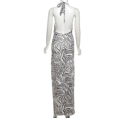 Women’s Maxi Dress – Slim Fit – Halter Neck – Plunging Neckline – Animal Print – Flowy Fabric