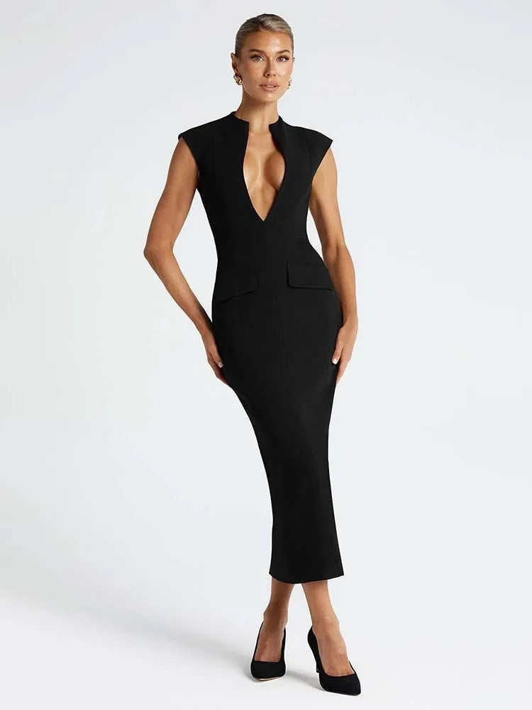 Women’s Midi Dress – Bodycon Fit – Deep V-Neck – Sleeveless – Stretch Structured Fabric