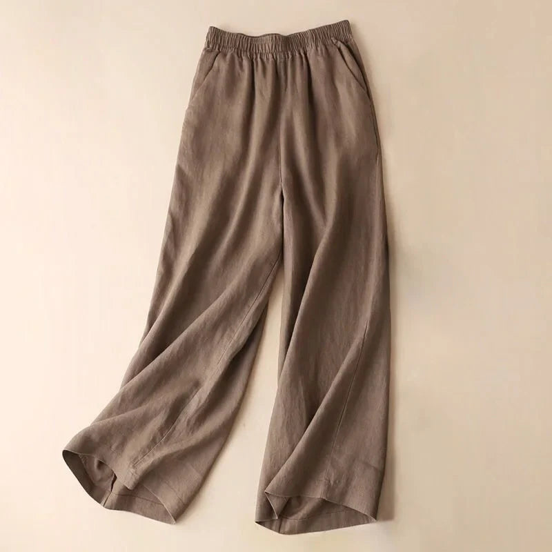 Women’s Wide-Leg Pants – Linen Blend – Relaxed Fit – Elastic Waist – Full Length