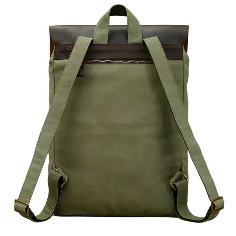 Genuine Leather & Canvas Rucksack - Vintage College Laptop Backpack