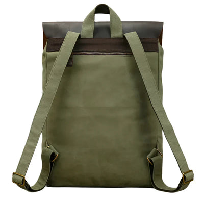 Genuine Leather & Canvas Rucksack - Vintage College Laptop Backpack