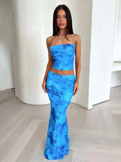 Women’s Two-Piece Set – Slim Fit Crop Top and Seamless Maxi Skirt – Cotton Blend