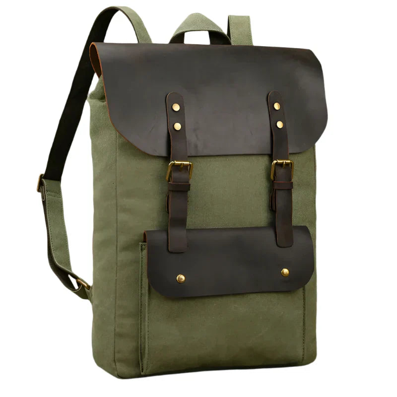 Genuine Leather & Canvas Rucksack - Vintage College Laptop Backpack